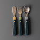 3-piece stainless steel toddler cutlery: spoon, fork, knife with blue patterned handles