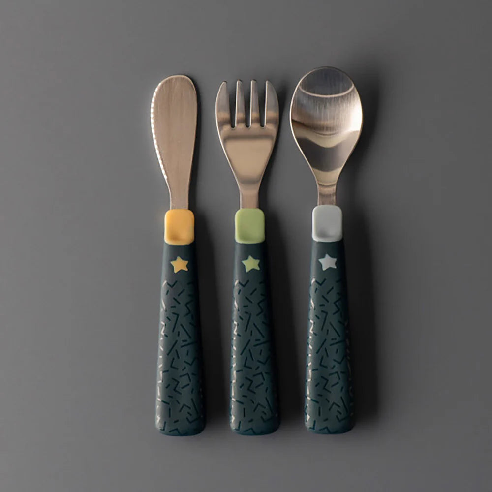 3-piece stainless steel toddler cutlery: spoon, fork, knife with blue patterned handles