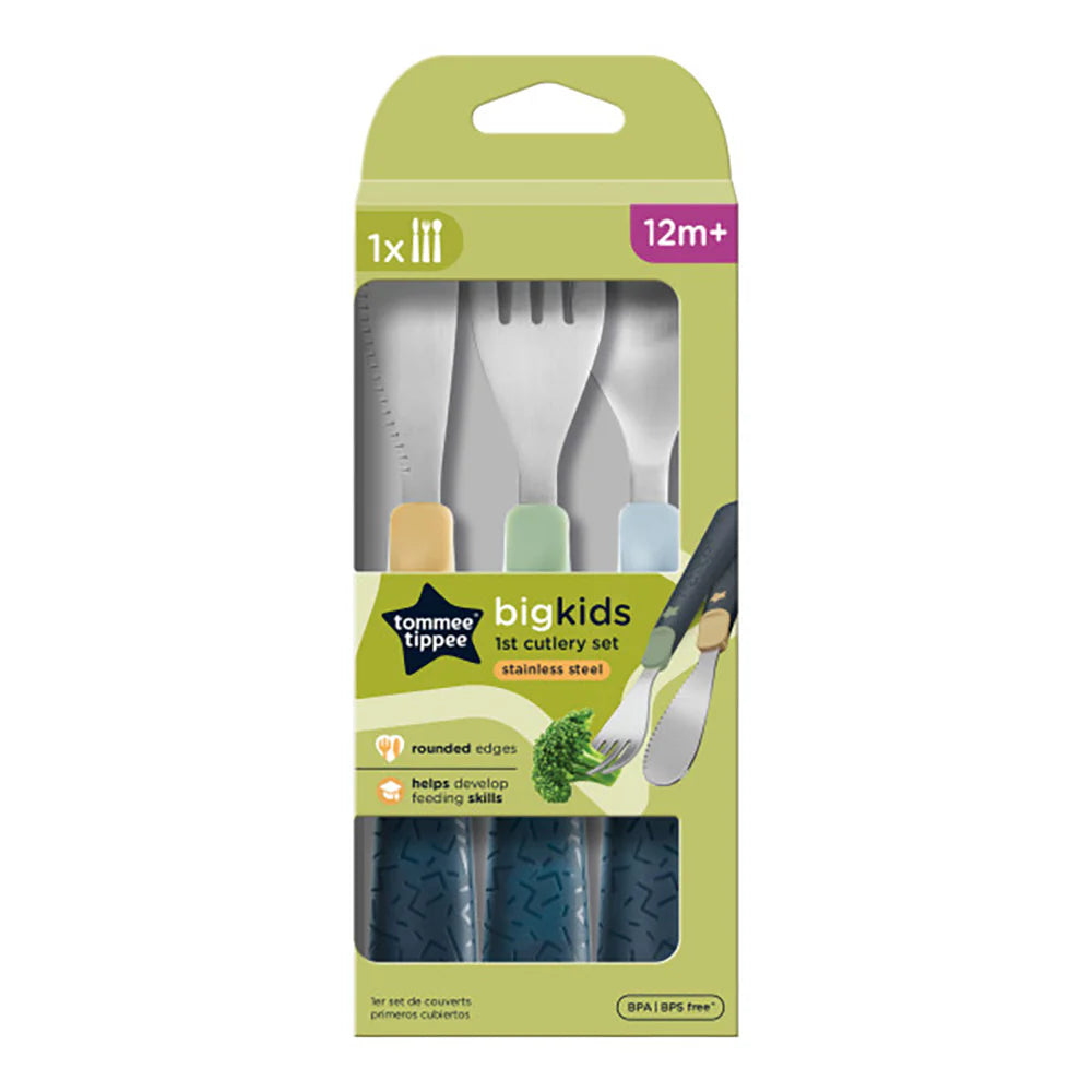 3-piece stainless steel toddler cutlery set packaging showing spoon, fork, knife