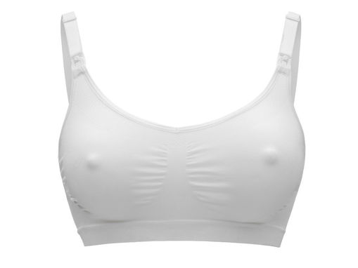 White nursing and pumping bra front, padded cups with wide adjustable straps