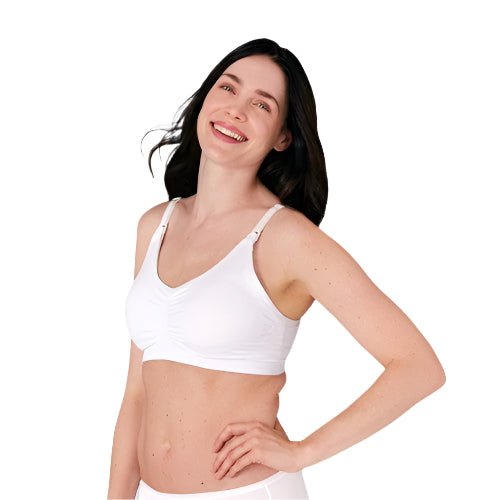 White nursing & pumping bra with adjustable straps and front access panels
