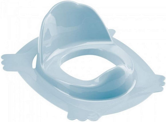 Light blue toilet seat reducer with raised rim and scalloped edge tabs