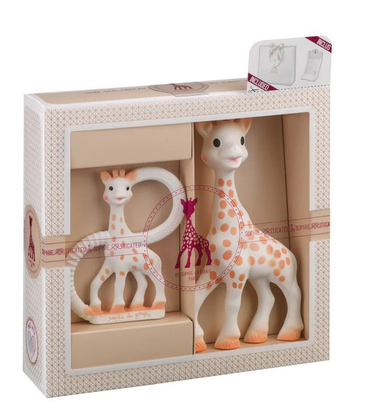 Safari teether set gift box with orange giraffe and white teether animals