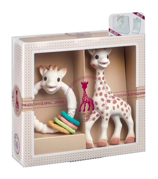 Ring set gift box with two toy animal figures and colored macarons