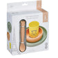 Silicone meal set packaging showing spoon, yellow cup, tan bowl, and green tray