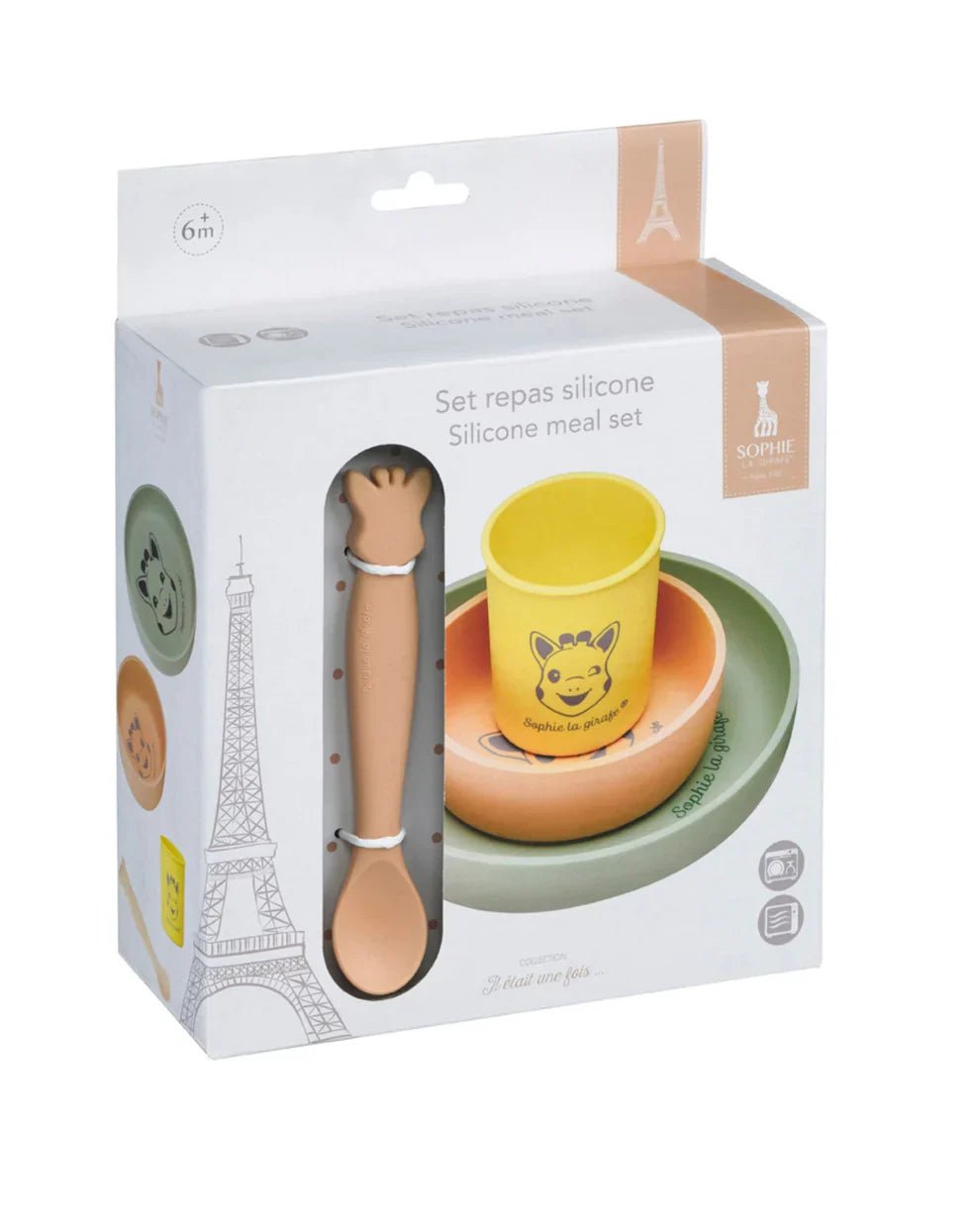 Silicone meal set packaging showing spoon, yellow cup, tan bowl, and green tray