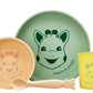 Silicone meal set with green plate, tan bowl, yellow cup, and matching spoon