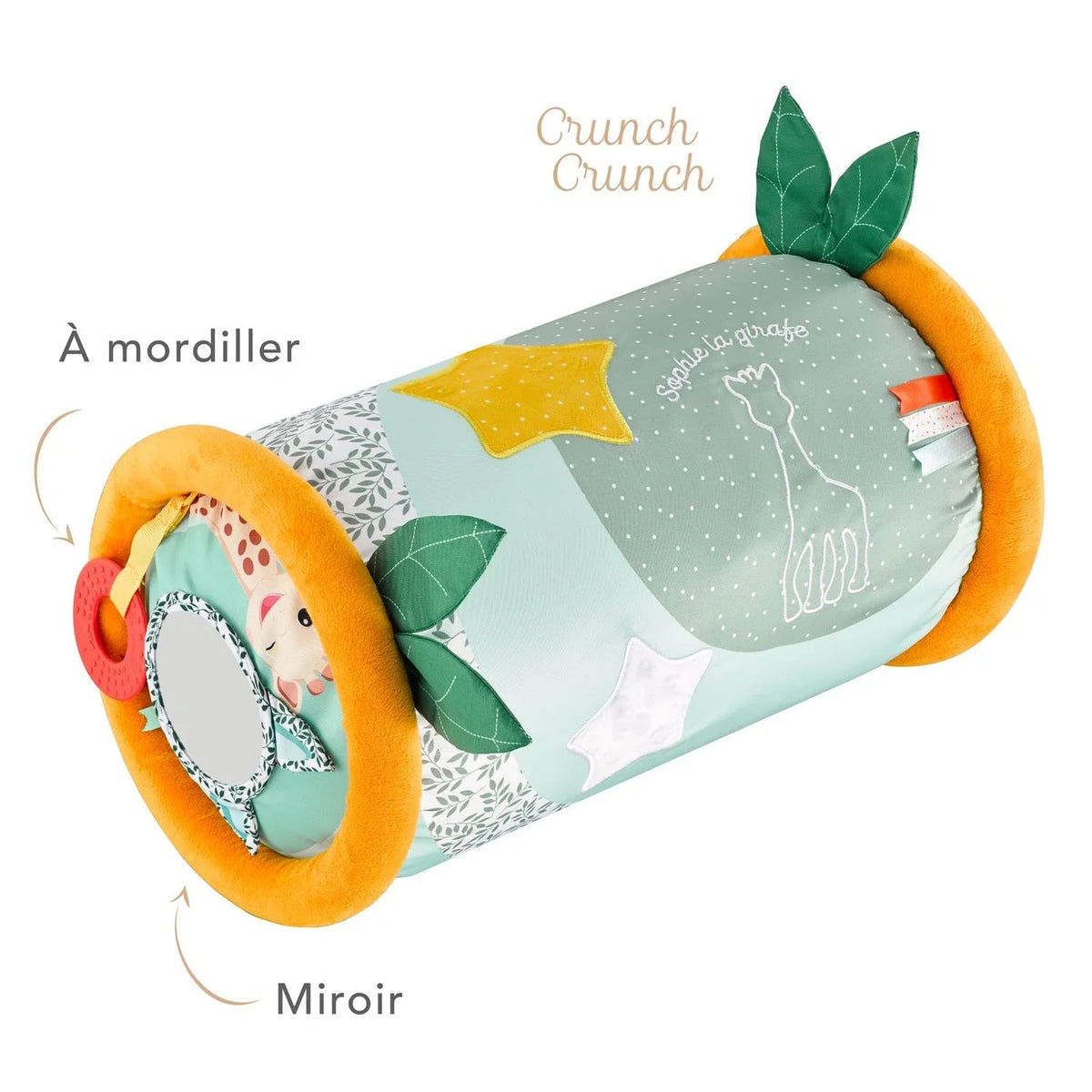 Plush roll-up activity mat, mint panel with giraffe print and orange plush edges