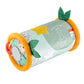 Plush roll-up activity mat with mint fabric, orange handle, animal and star prints