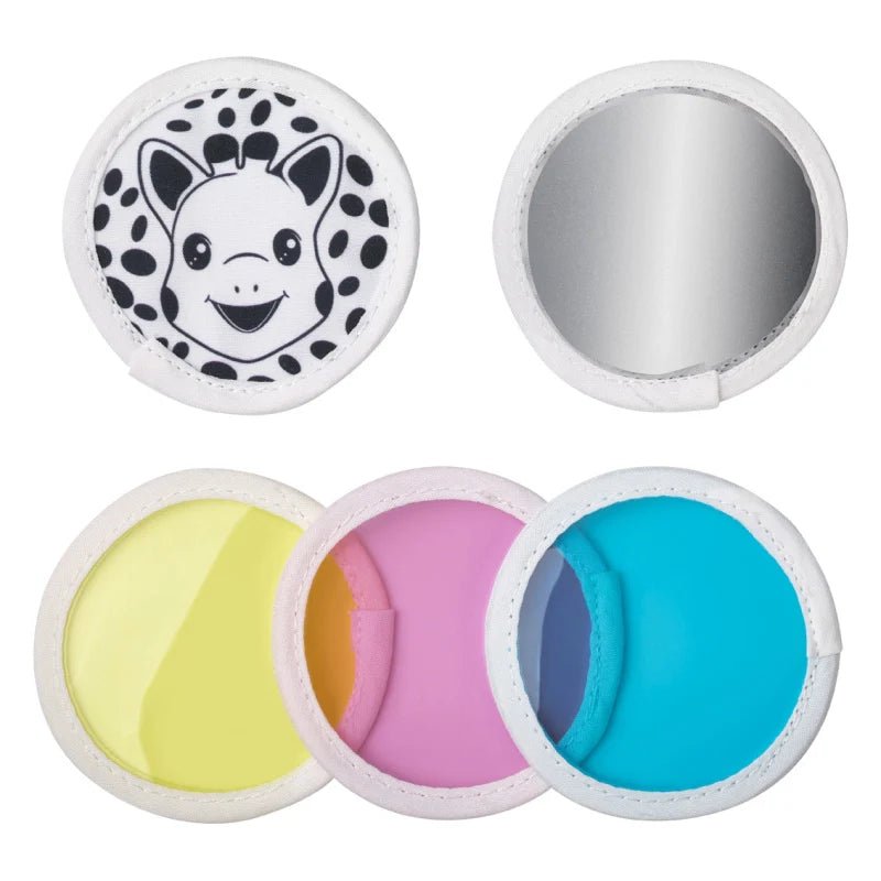 Interchangeable magic mirror discs: giraffe face, plus yellow, pink, and blue circular panels