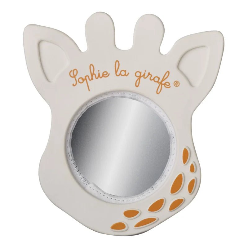 Giraffe-shaped magic mirror with gray frame, orange spots, and “Sophie la girafe” text