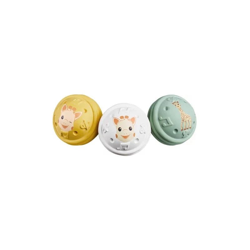 Set of three baby musical balls with animal faces in yellow, white, and teal