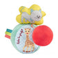 Vibrating sound toy ball with cat and giraffe patches, teether tabs, red fabric pom