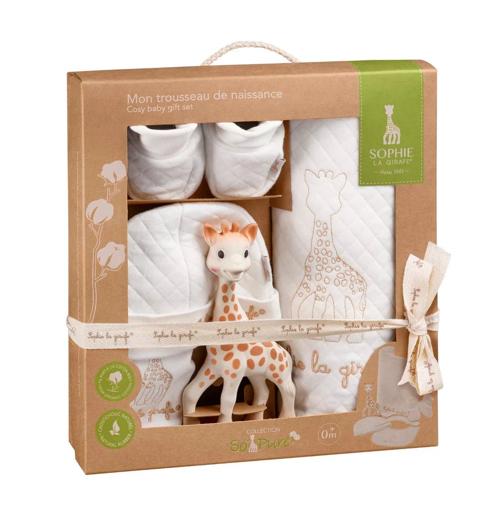 Newborn outfit gift set with quilted blanket, bib, socks, and plush giraffe in box