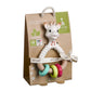 Boxed giraffe baby rattle with blue, lime, and red ring teether