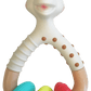 Giraffe-shaped baby rattle with blue, lime, and red ring teether