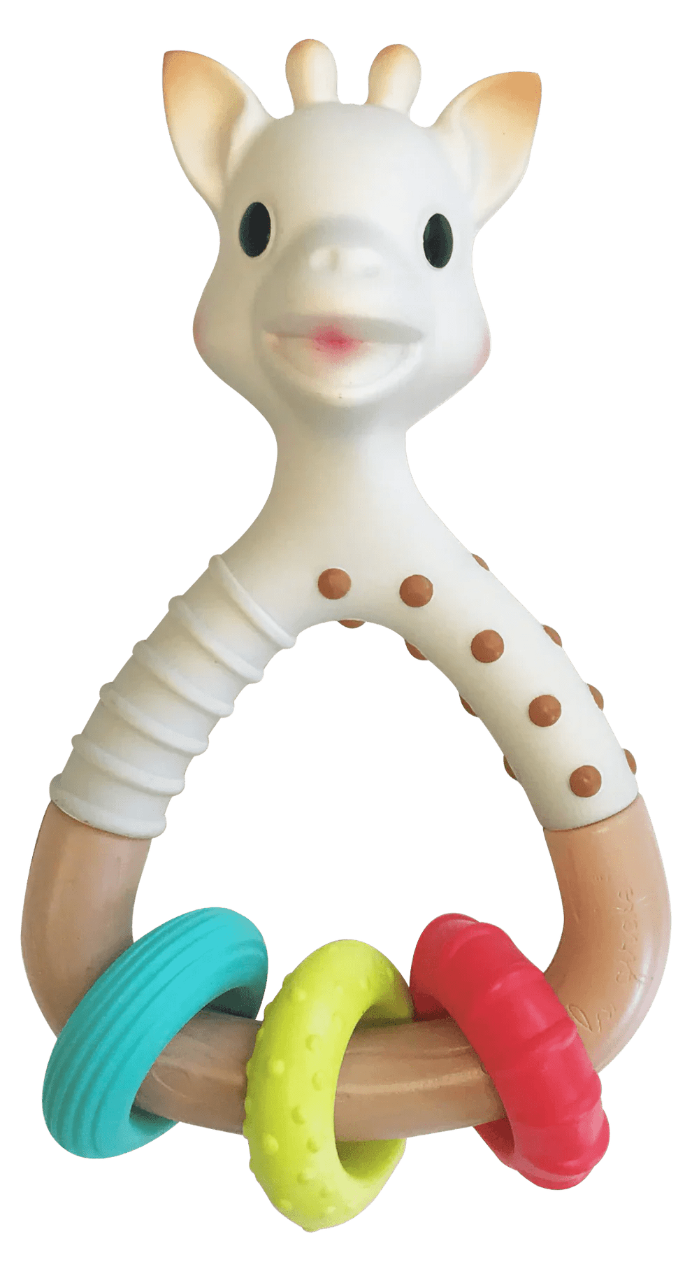 Giraffe-shaped baby rattle with blue, lime, and red ring teether