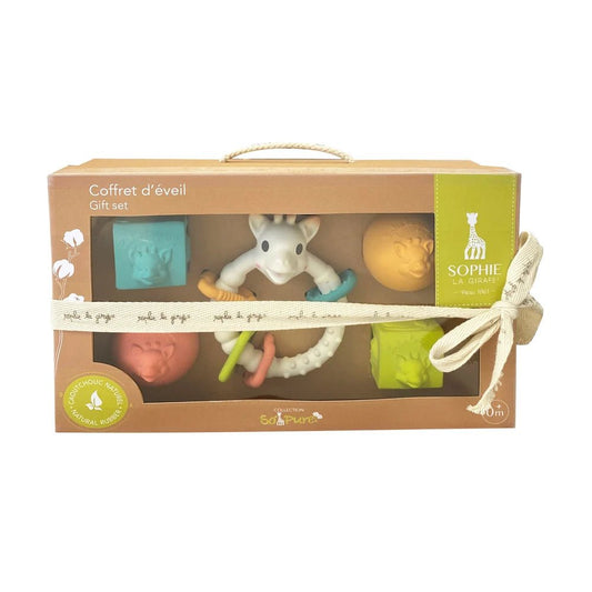 Gift set box with packaged baby teething toys, animal figure and colored silicone pieces
