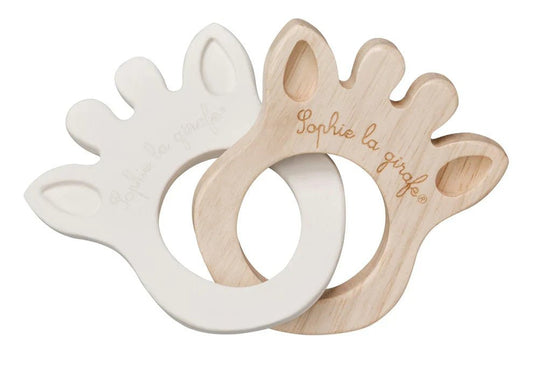 Silhouette rings teething toy in white and natural wood, interlocking ring shapes