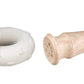 Totem rattle with white plush ring holders and red, yellow rings on wood handle