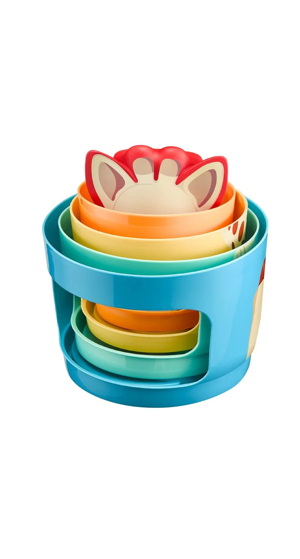 Stacking tower toy with cat head top and teal, green, orange, yellow rings
