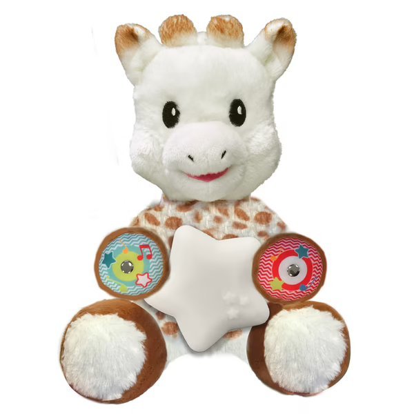 White plush animal toy with leopard-print bib and star-shaped belly with musical paw buttons