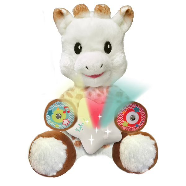 White plush animal toy with red-blue sound buttons on paws and heart-shaped chest