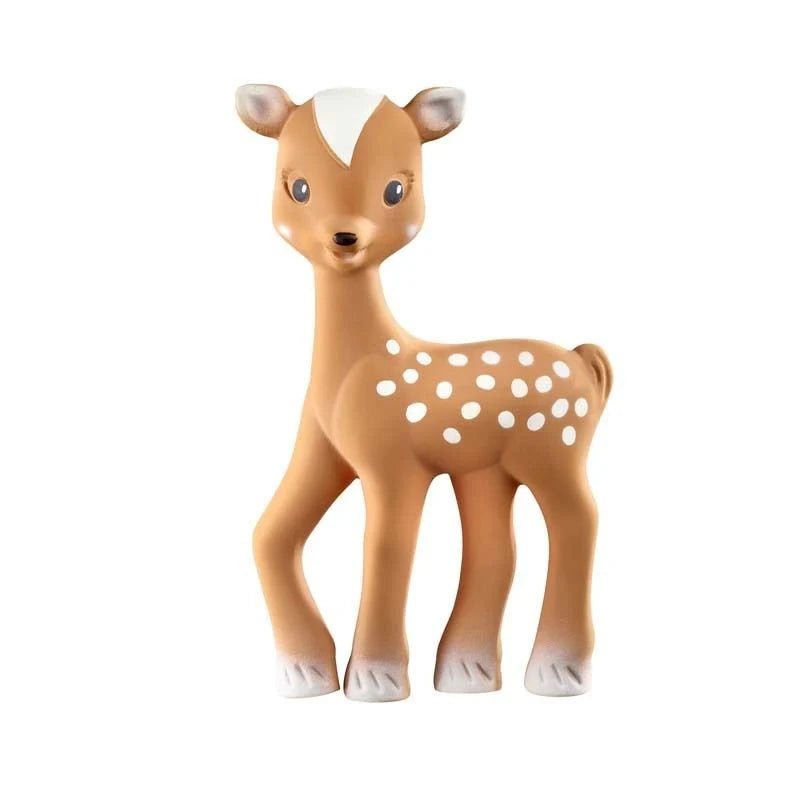 Fanfan the Fawn teether, brown deer toy with white spots and molded legs