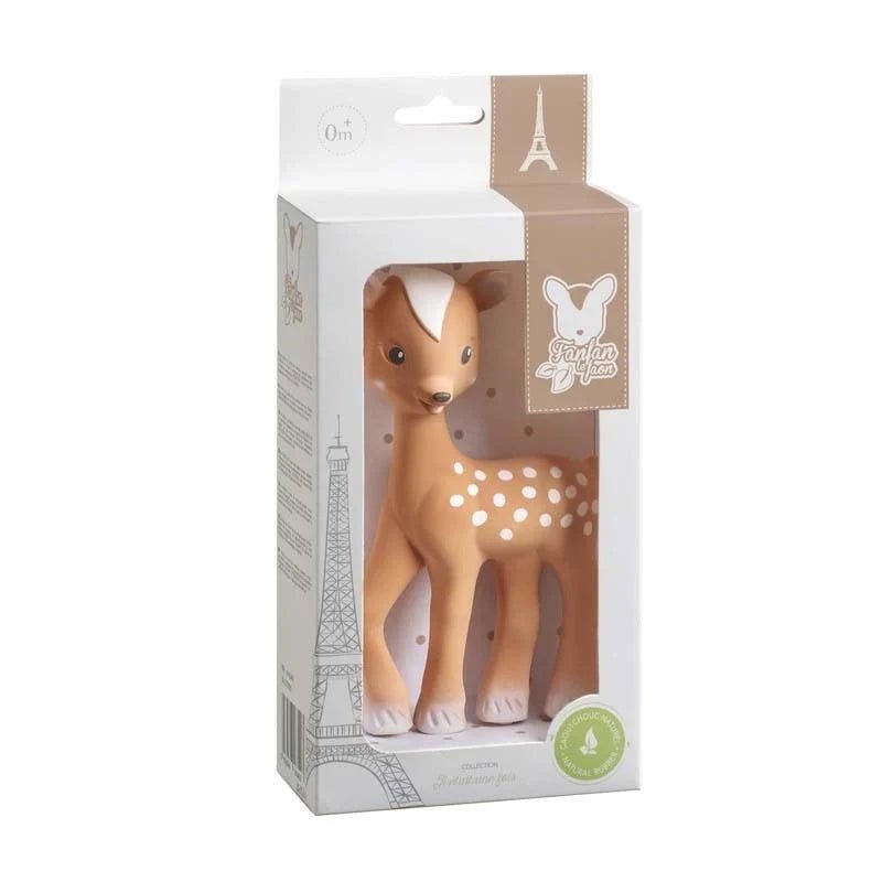 Fanfan the Fawn teether in retail box, brown deer-shaped silicone with spots