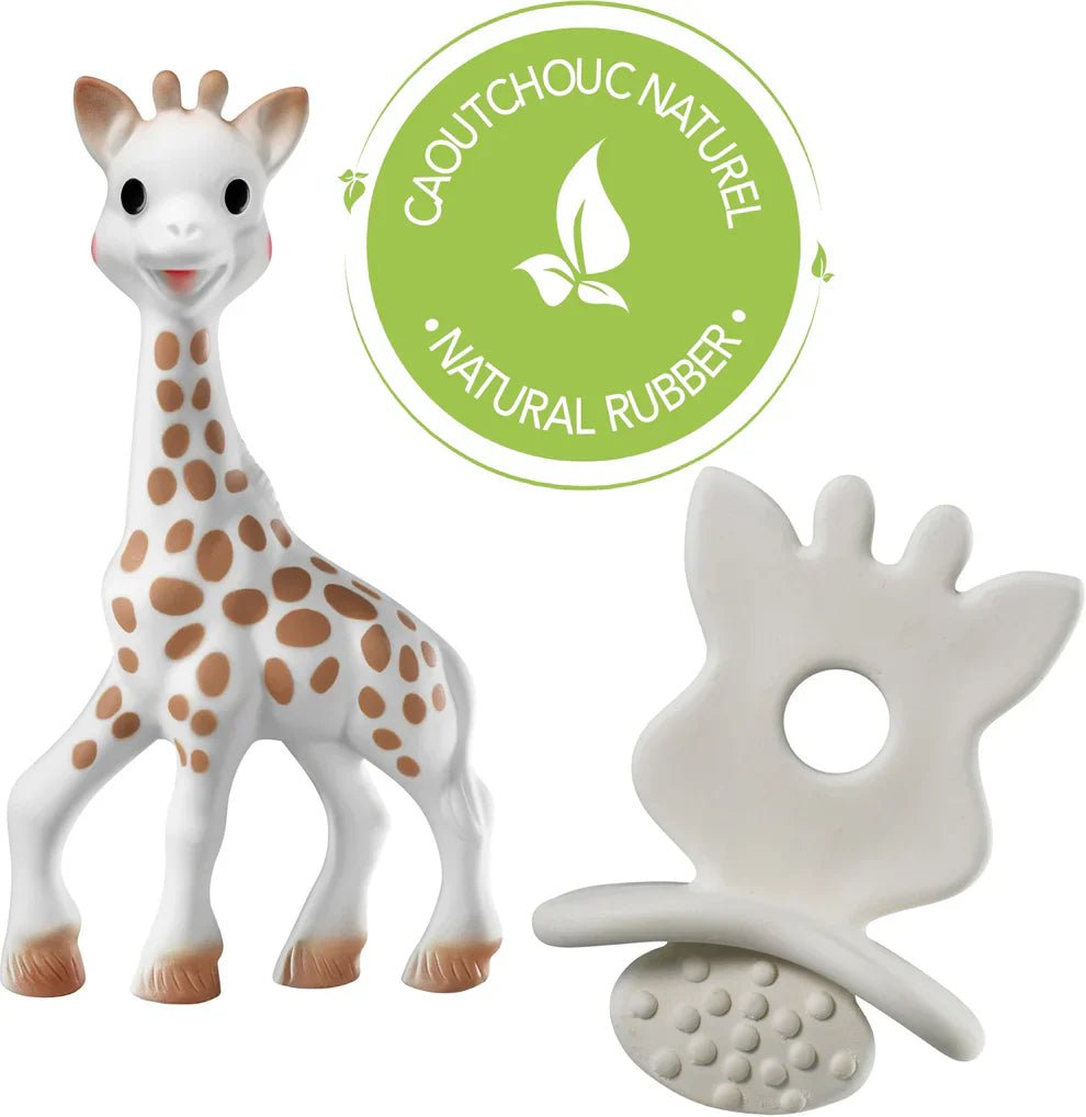 Natural rubber giraffe teether with separate white teether with textured grip