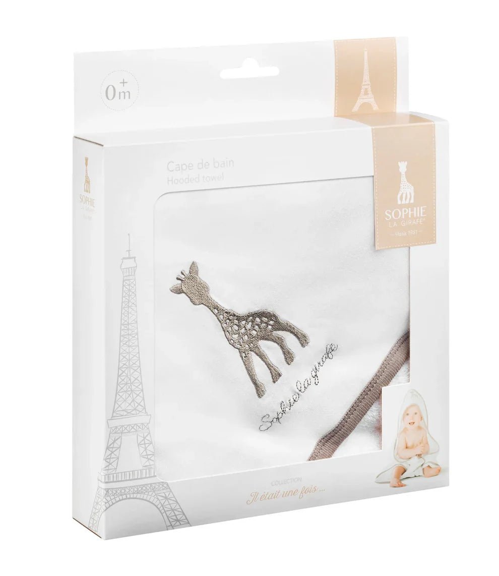 Hooded bath towel in white with brown trim and small Eiffel Tower appliqué