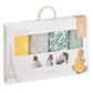Baby swaddle gift set box showing four blankets: yellow, gray, leaf print, green