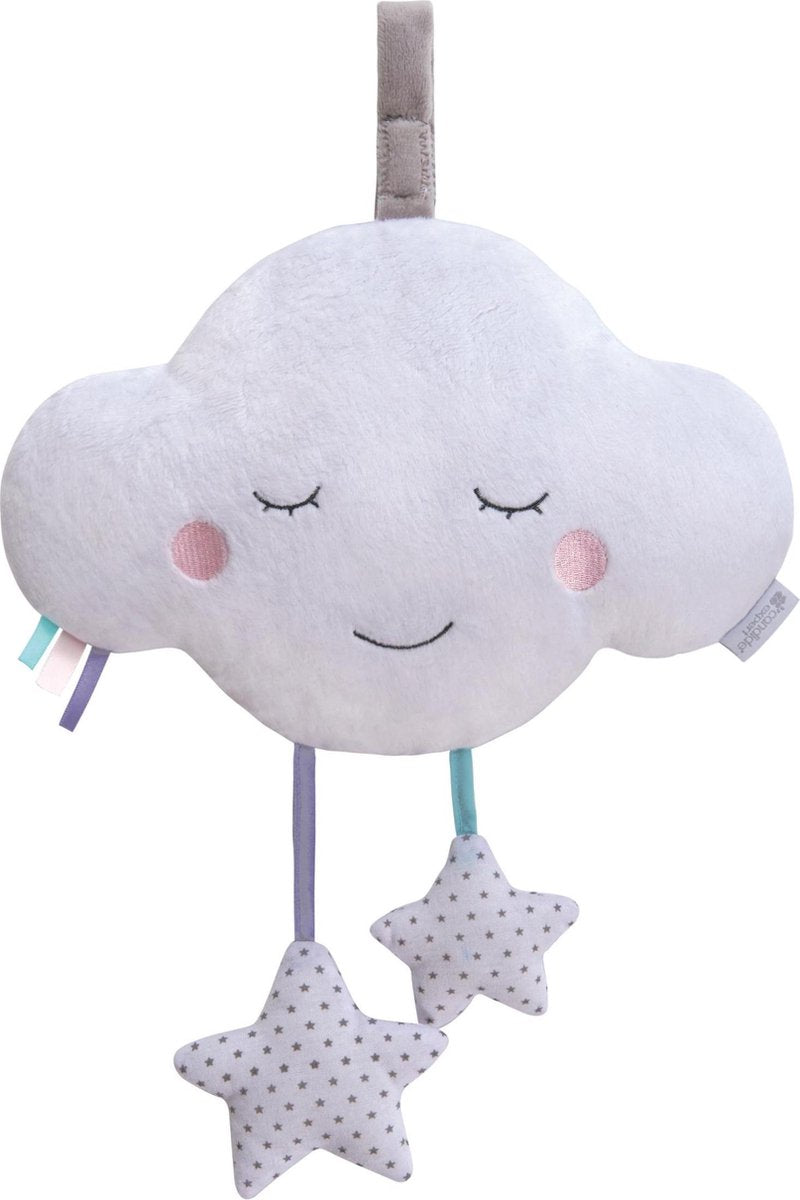 Plush cloud comfort toy with smiling face and hanging star charms, light purple