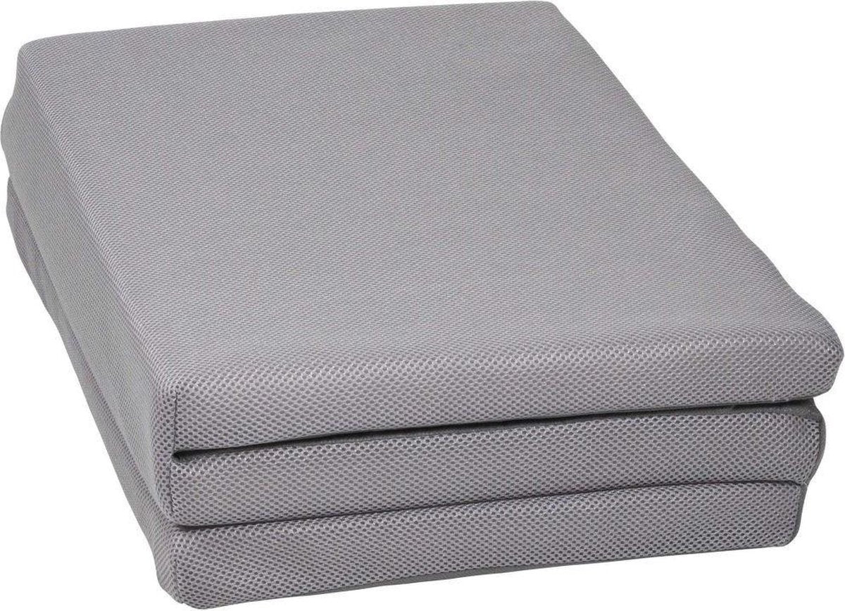 Grey folding mattress with textured fabric and fold seam, compact rectangular shape