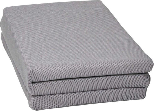 Grey folding mattress with textured fabric and fold seam, compact rectangular shape