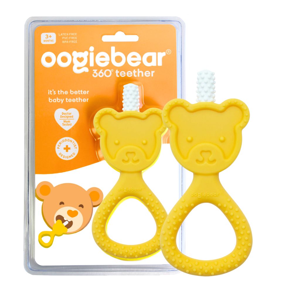 Yellow silicone teddy-bear 360° teether with white bristle tips and textured grip