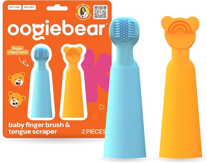 Baby silicone finger brush and tongue scraper, blue and orange, 2-piece set.