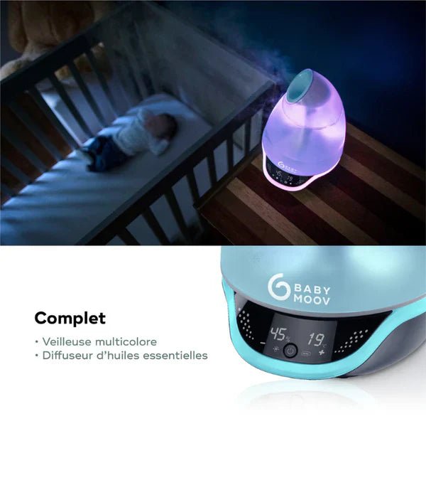 Hygro(+) baby humidifier with purple glow top and digital front panel display