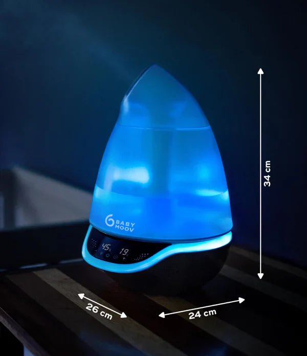 Hygro(+) baby humidifier blue mist device with size arrows, 34 cm and 24–26 cm