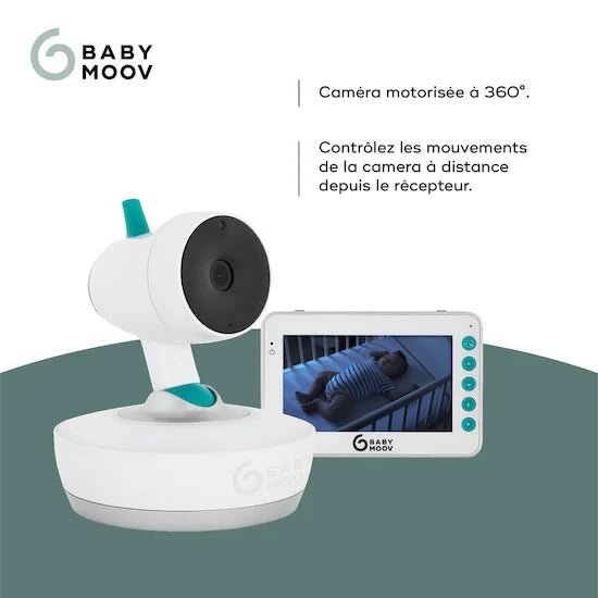 Yoo-Moov video baby monitor kit with rotating white camera and blue details
