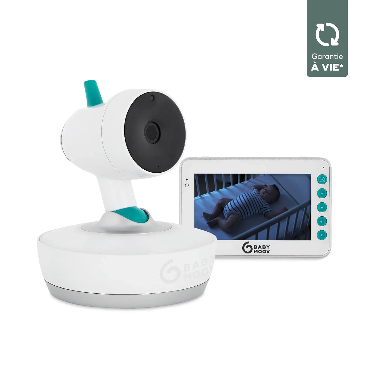 Yoo-Moov video baby monitor with white base and blue accents, handheld screen display