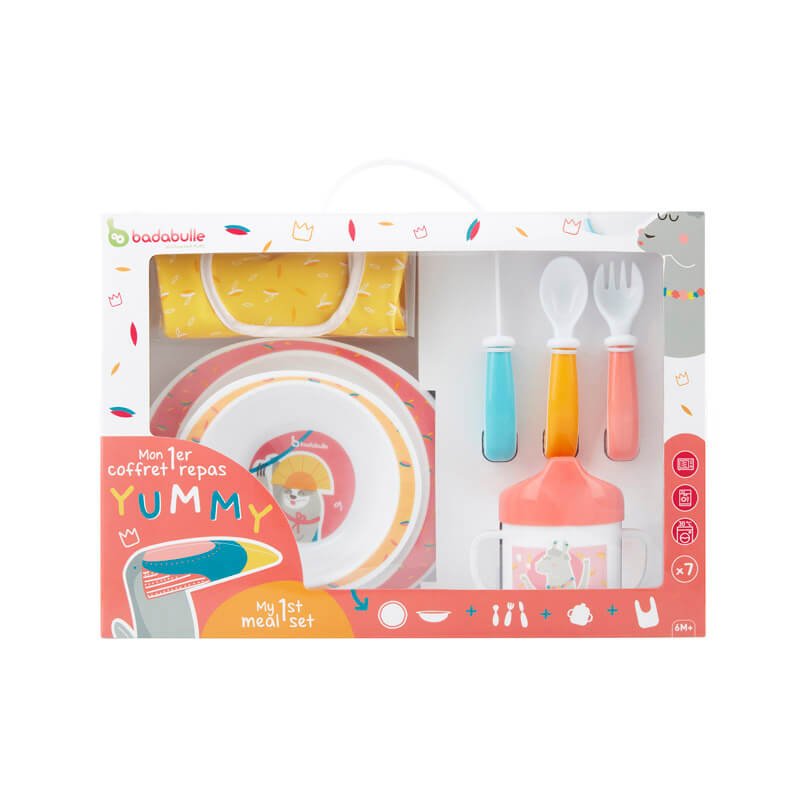 Yummy lunch set box with coral bottle, plate, bowl, and three utensils