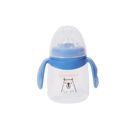 Leak-proof training cup with blue rim, clear lid, and bear graphic