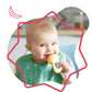 Baby holding a yellow fruit teether with white mesh cup