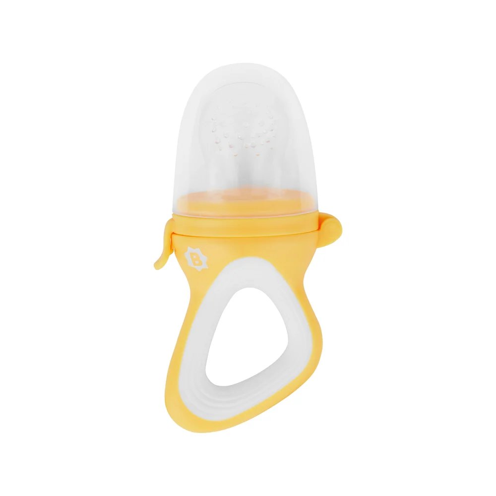 Yellow baby fruit teether with white mesh and ring handle