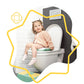Comfort toilet reducer with handles, green, shown on toilet with child sitting