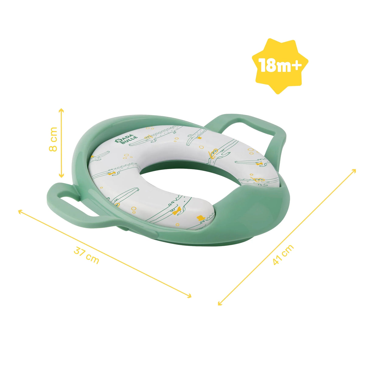 Comfort toilet reducer with handles, green and white patterned padded ring