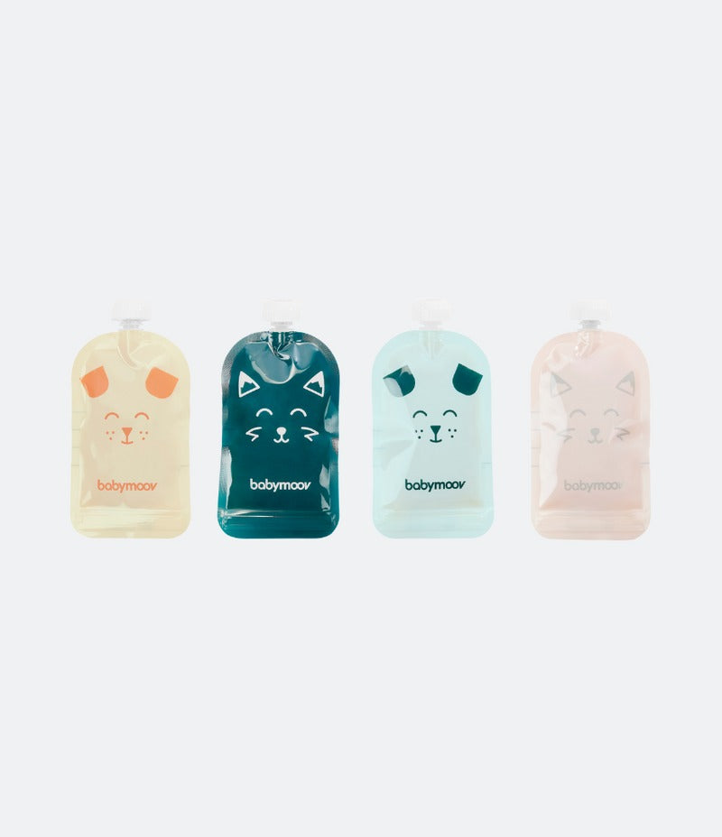 Baby feeding pouch set with cat faces, light and teal pouches
