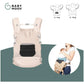Newborn baby carrier reducer, black pouch-style insert on beige carrier front