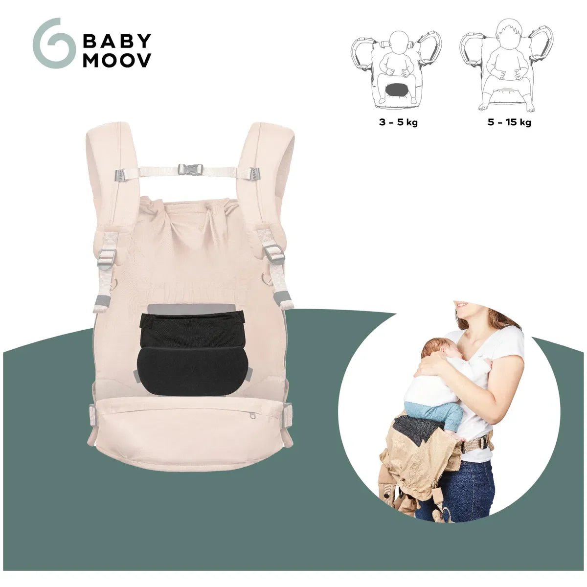 Newborn baby carrier reducer, black pouch-style insert on beige carrier front